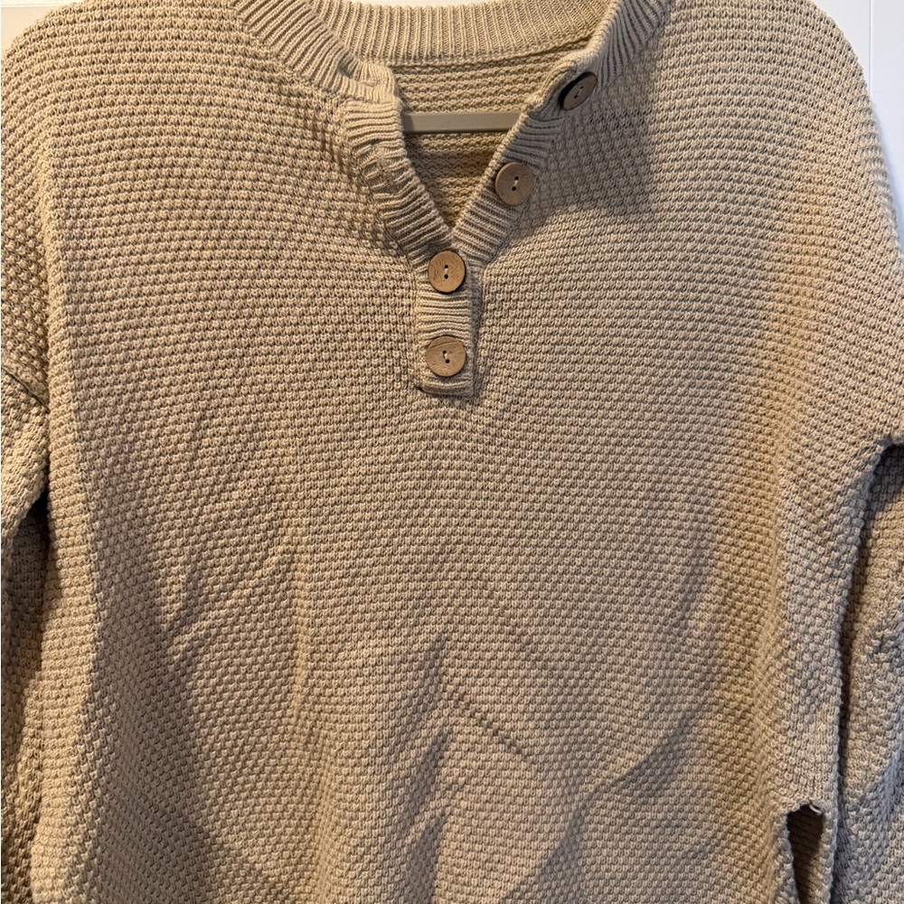 Tan Waffle Knit Henley Sweater